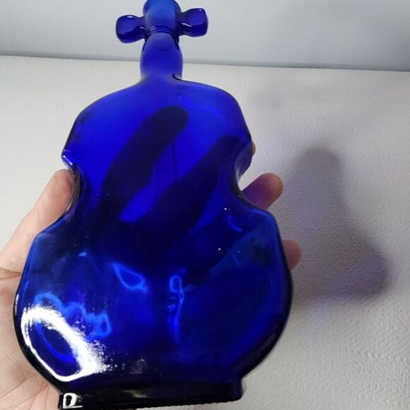Vintage 8" Cobalt Blue Glass Bottle Vase Cello Violin Fiddle Shaped Decanter - Picture 4 of 5